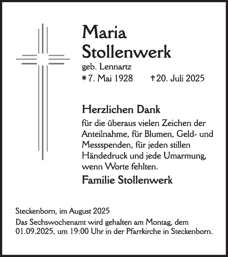  Traueranzeige für Maria Stollenwerk vom 27.08.2025 aus WochenSpiegel