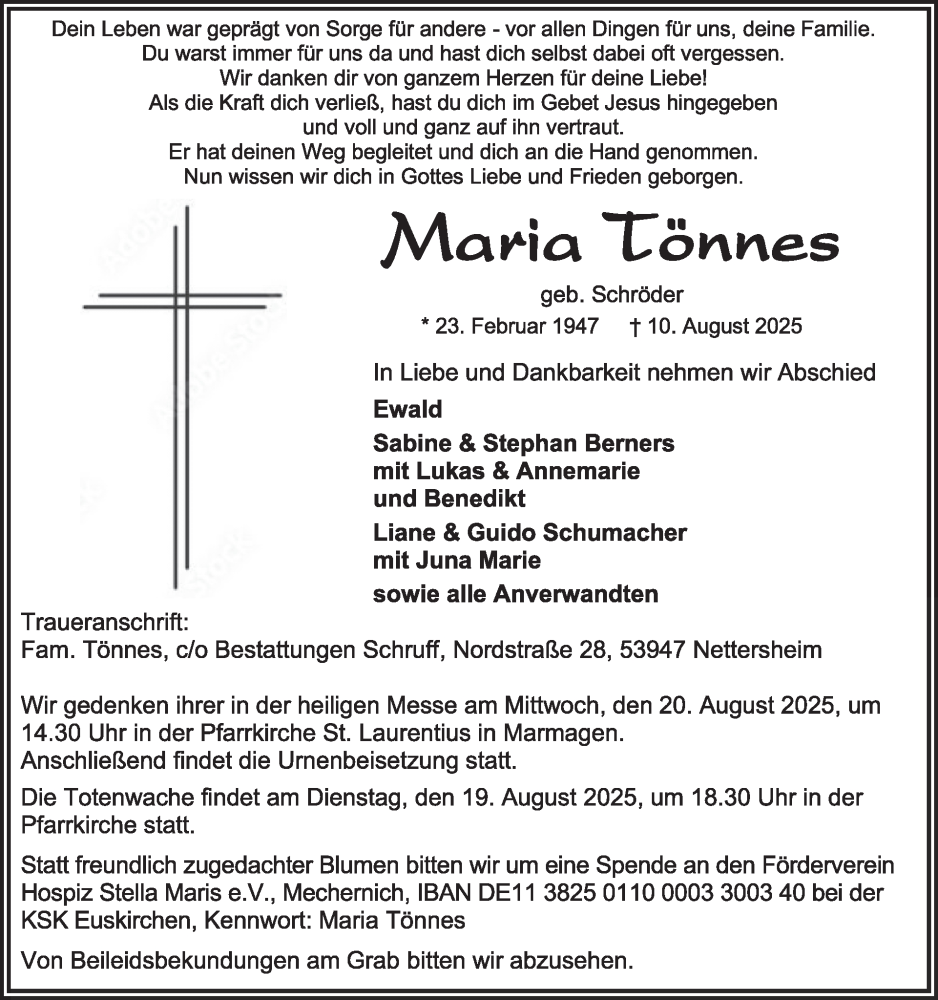 Traueranzeige für Maria Tönnes vom 13.08.2025 aus WochenSpiegel