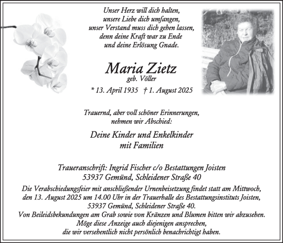 Traueranzeige von Maria Zietz von WochenSpiegel