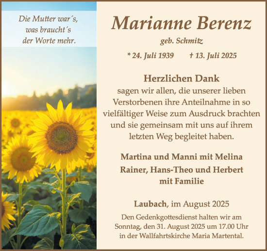 Traueranzeige von Marianne Berenz von WochenSpiegel