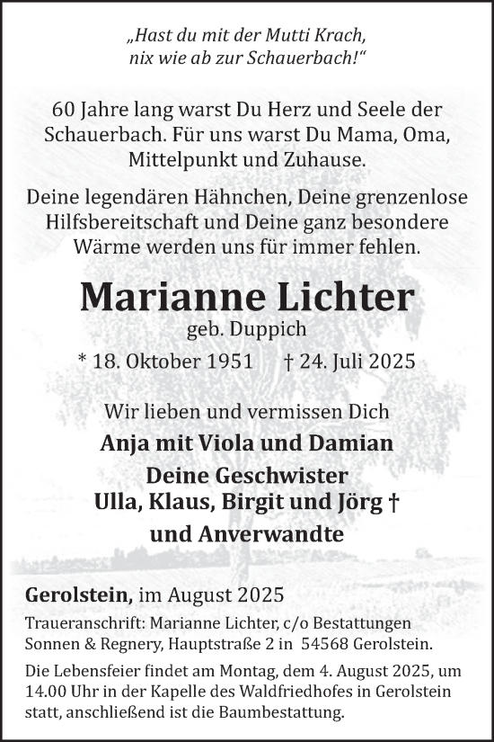 Traueranzeige von Marianne Lichter von WochenSpiegel