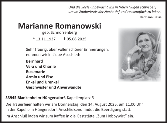 Traueranzeige von Marianne Romanowski von WochenSpiegel