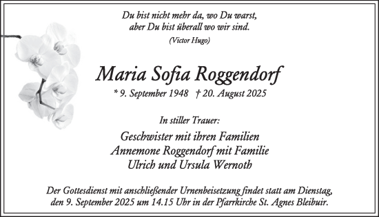Traueranzeige von Maria Sofia Roggendorf von WochenSpiegel