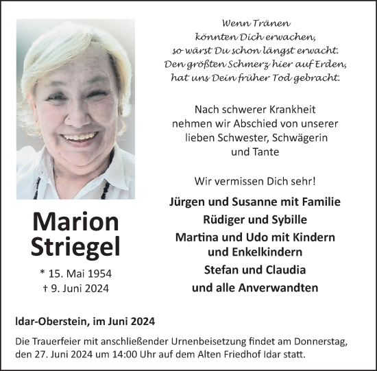 Traueranzeige von Marion Striegel von WochenSpiegel