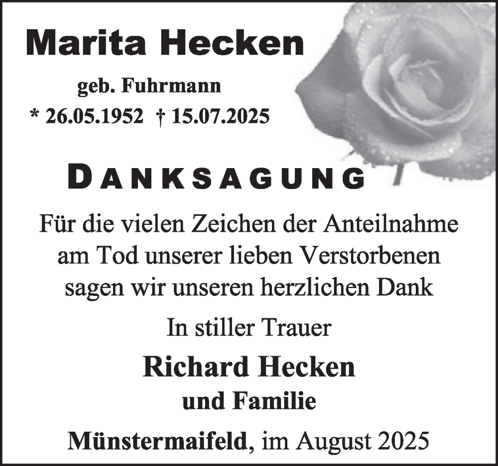  Traueranzeige für Marita Hecken vom 13.08.2025 aus WochenSpiegel