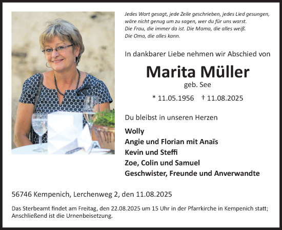 Traueranzeige von Marita Müller von WochenSpiegel
