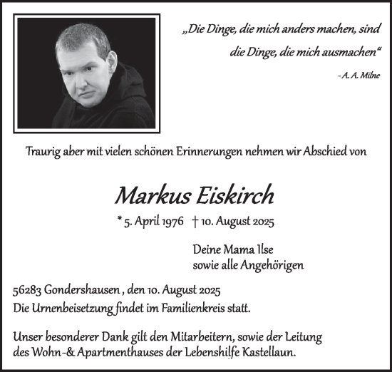Traueranzeige von Markus Eiskirch von WochenSpiegel