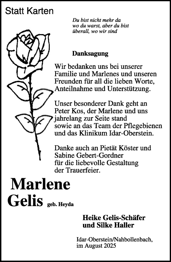 Traueranzeige von Marlene Gelis von WochenSpiegel