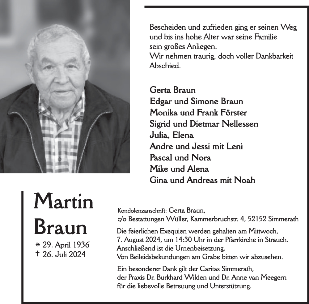  Traueranzeige für Martin Braun  vom 31.07.2024 aus WochenSpiegel
