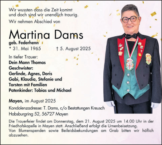 Traueranzeige von Martina Dams von WochenSpiegel