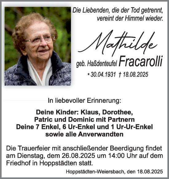 Traueranzeige von Mathilde Fracarolli von WochenSpiegel
