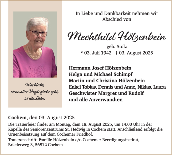 Traueranzeige von Mechthild Hölzenbein von WochenSpiegel
