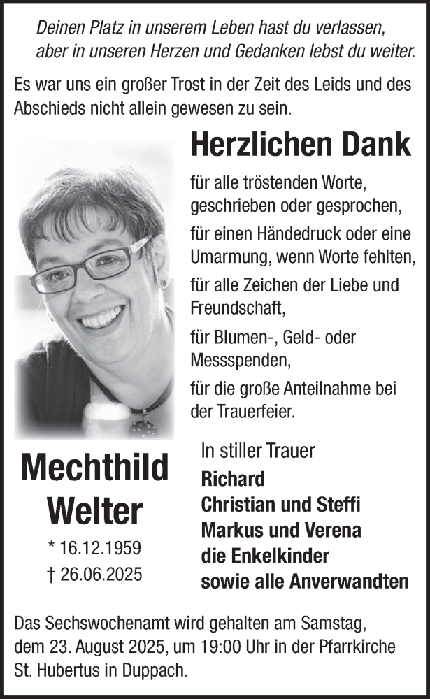  Traueranzeige für Mechthild Welter vom 16.08.2025 aus WochenSpiegel