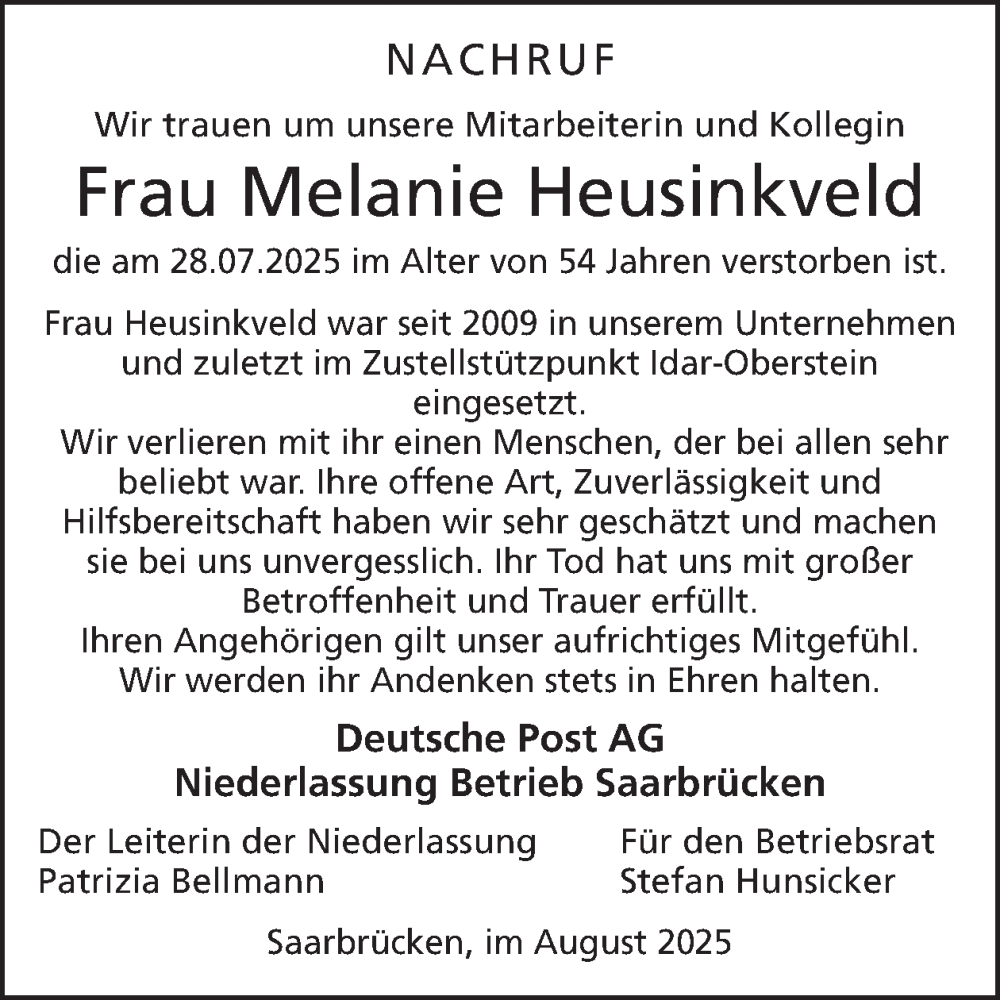  Traueranzeige für Melanie Heusinkveld vom 09.08.2025 aus WochenSpiegel