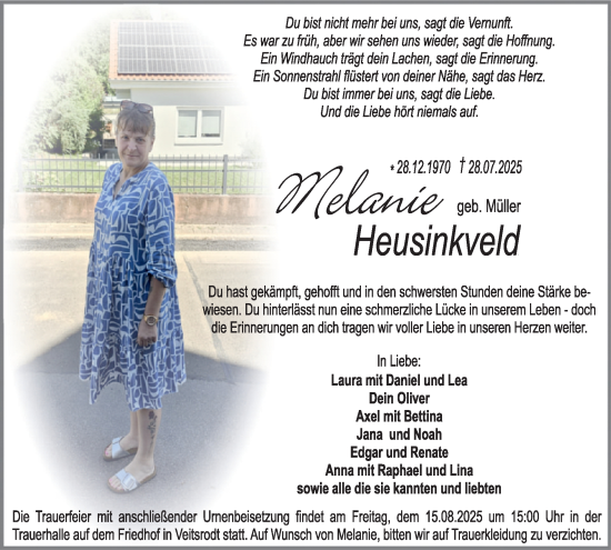 Traueranzeige von Melanie Heusinkveld von WochenSpiegel