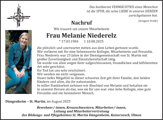 Traueranzeige von Melanie Niederelz von WochenSpiegel