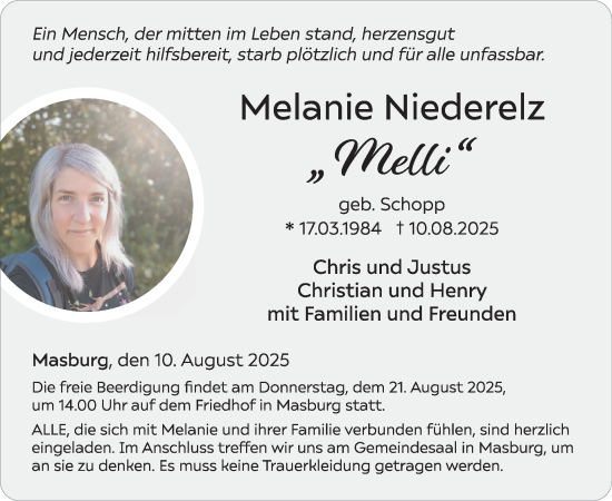 Traueranzeige von Melanie Niederelz von WochenSpiegel