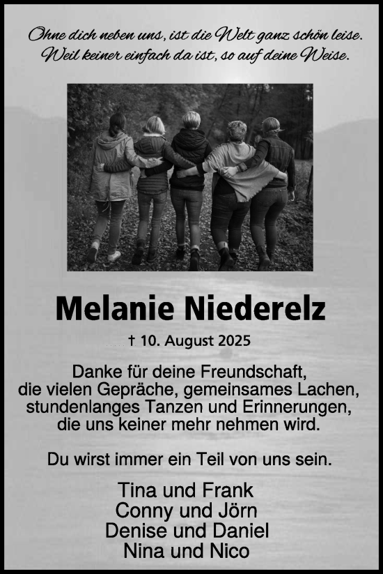Traueranzeige von Melanie Niederelz von WochenSpiegel