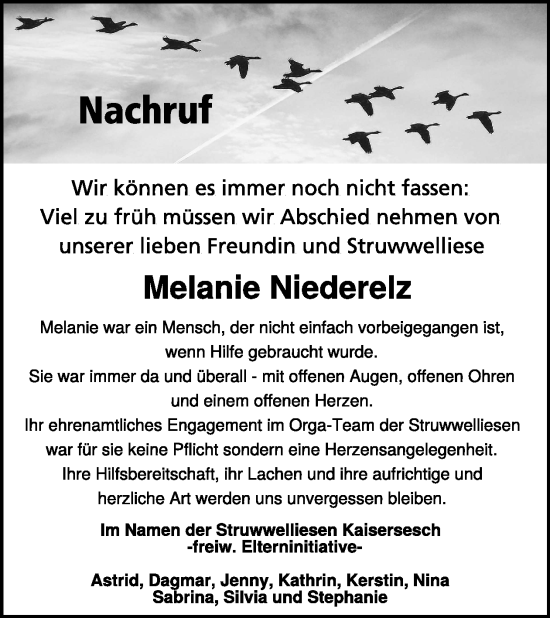 Traueranzeige von Melanie Niederelz von WochenSpiegel