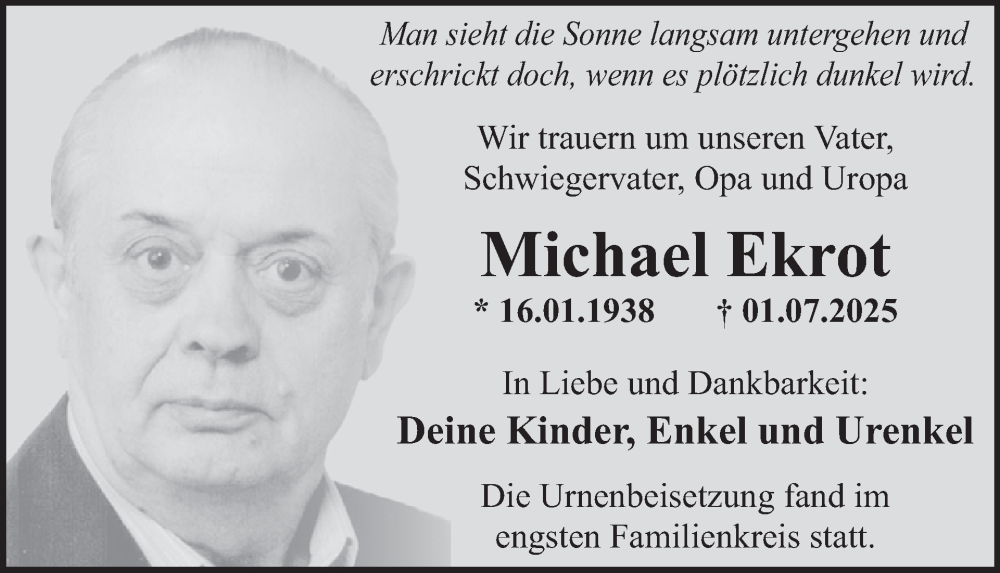  Traueranzeige für Michael Ekrot vom 06.08.2025 aus WochenSpiegel