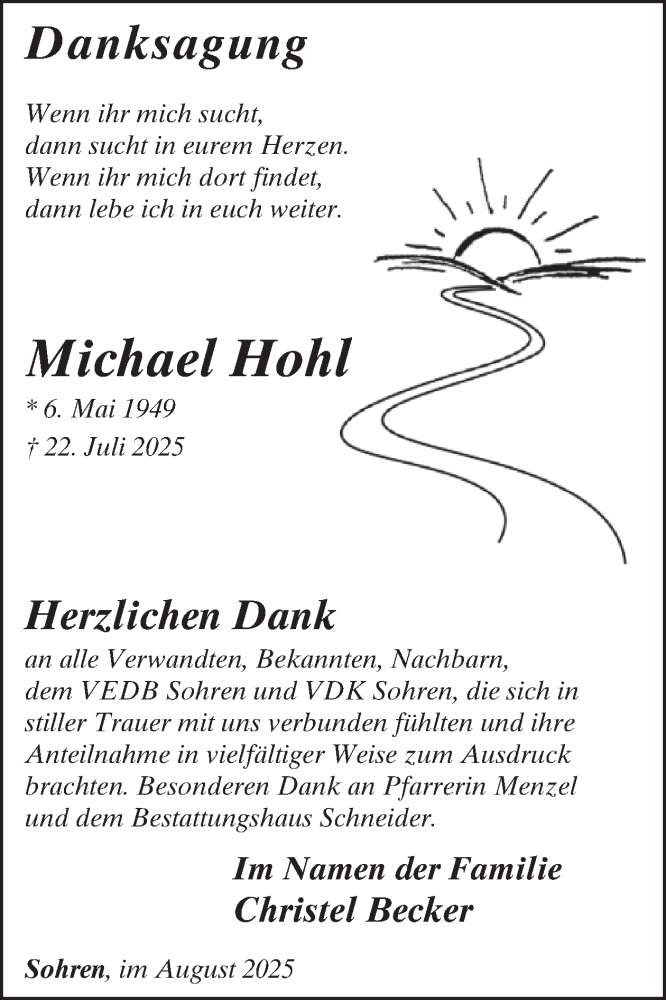  Traueranzeige für Michael Hohl vom 30.08.2025 aus WochenSpiegel