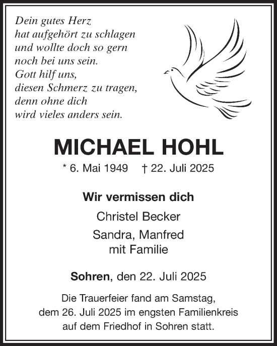 Traueranzeige von Michael Hohl von WochenSpiegel