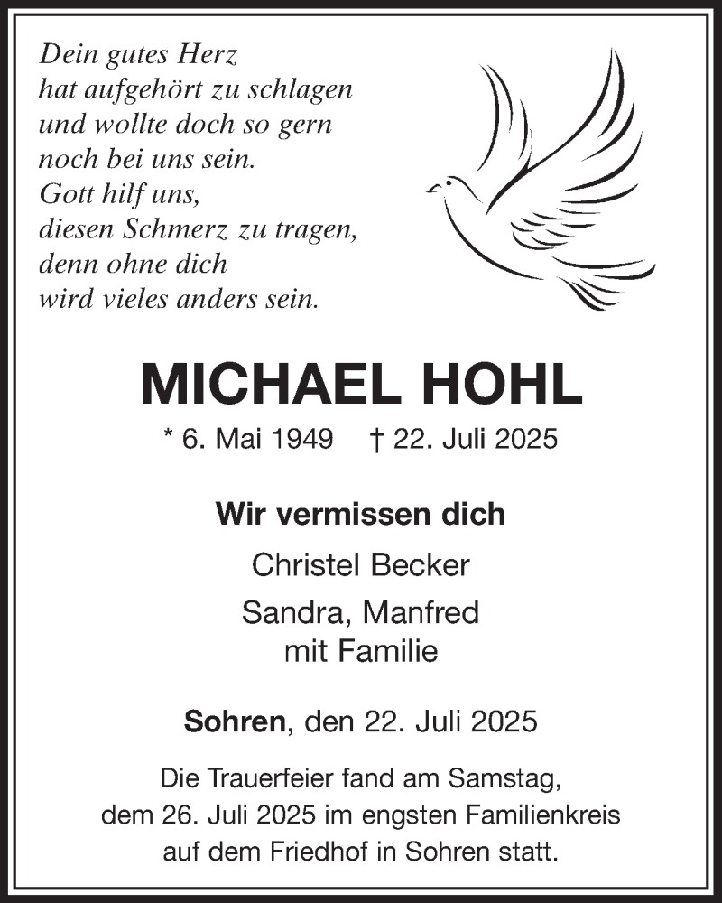  Traueranzeige für Michael Hohl vom 02.08.2025 aus WochenSpiegel