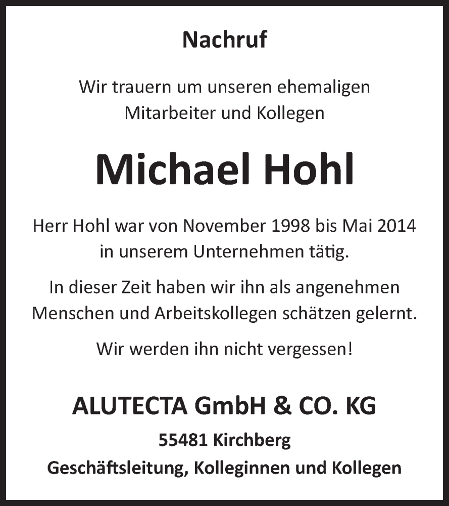  Traueranzeige für Michael Hohl vom 02.08.2025 aus WochenSpiegel