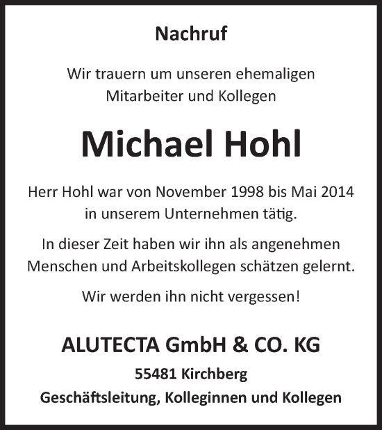 Traueranzeige von Michael Hohl von WochenSpiegel