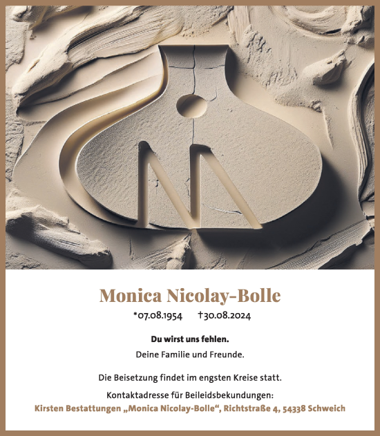 Traueranzeige von Monica Nicolay-Bolle von WochenSpiegel
