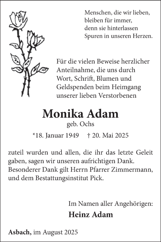 Traueranzeige von Monika Adam von WochenSpiegel
