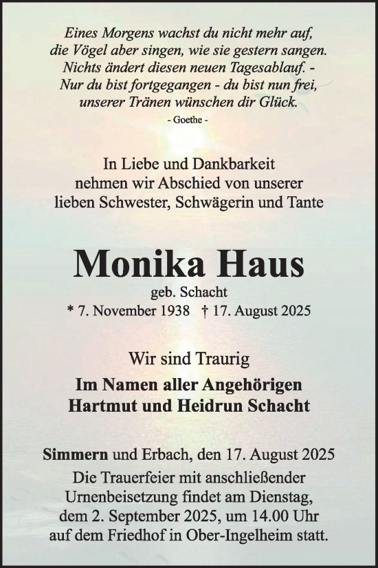 Traueranzeige von Monika Haus von WochenSpiegel