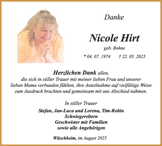 Traueranzeige von Nicole Hirt von WochenSpiegel