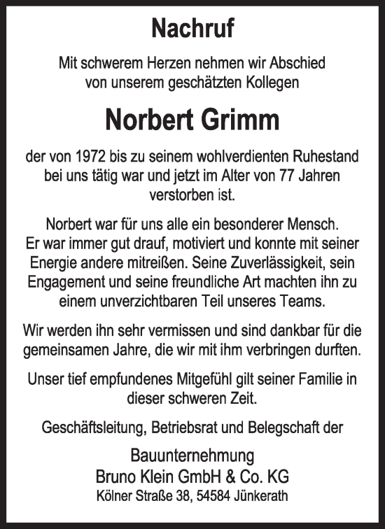 Traueranzeige von Norbert Grimm von WochenSpiegel