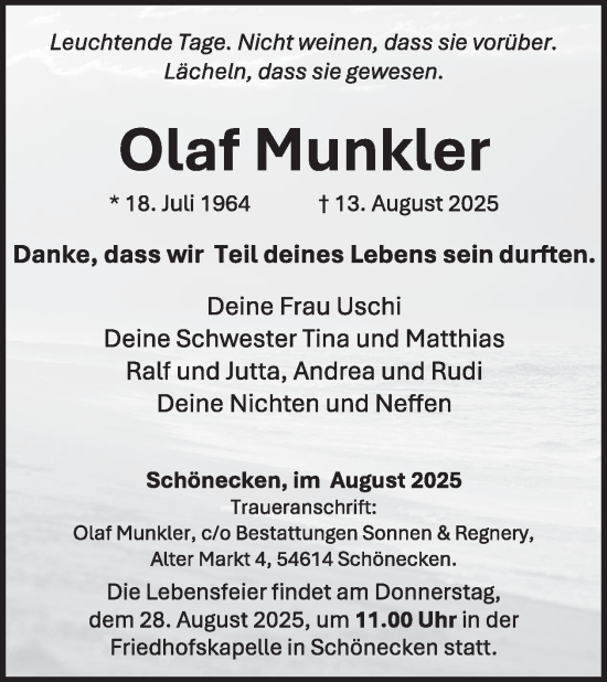 Traueranzeige von Olaf Munkler von WochenSpiegel