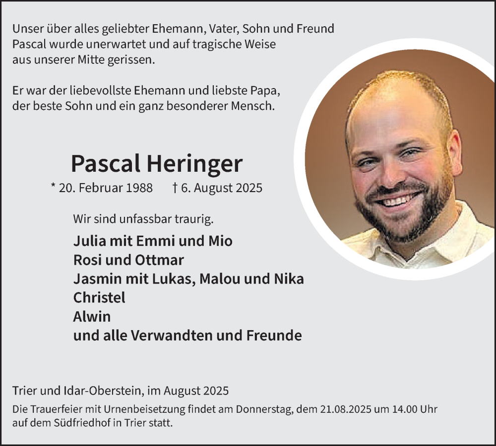  Traueranzeige für Pascal Heringer vom 16.08.2025 aus WochenSpiegel
