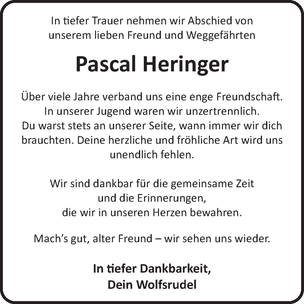  Traueranzeige für Pascal Heringer vom 23.08.2025 aus WochenSpiegel