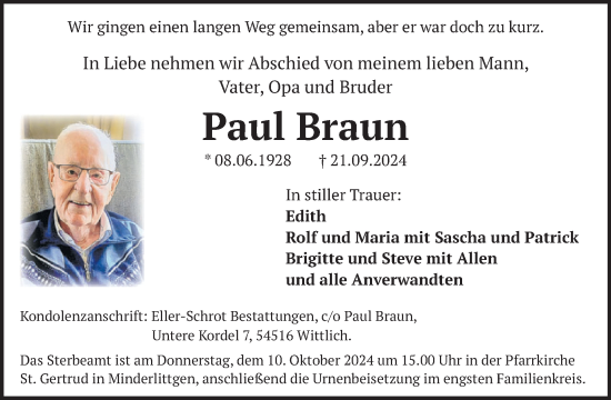 Traueranzeige von Paul Braun von WochenSpiegel