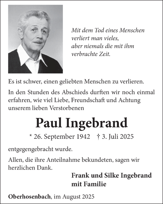 Traueranzeige von Paul Ingebrand von WochenSpiegel