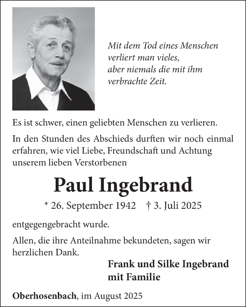 Traueranzeige für Paul Ingebrand vom 09.08.2025 aus WochenSpiegel