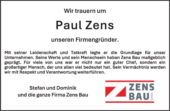 Traueranzeige von Paul Zens von WochenSpiegel