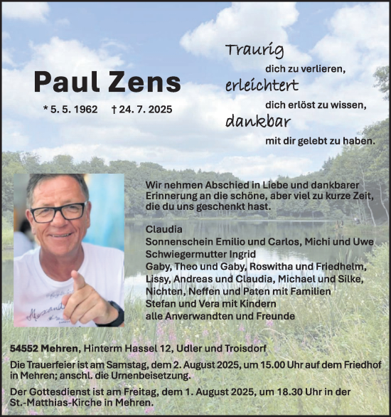 Traueranzeige von Paul Zens von WochenSpiegel