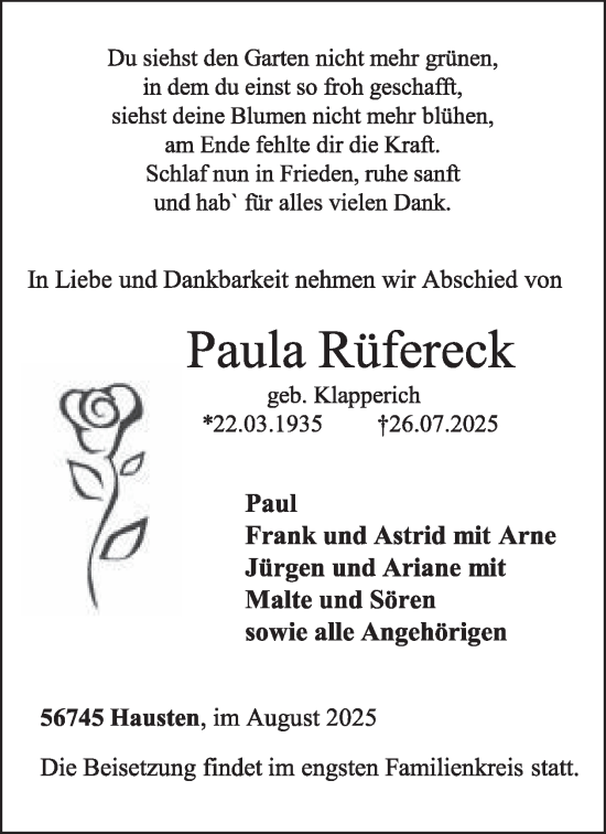 Traueranzeige von Paula Rüfereck von WochenSpiegel