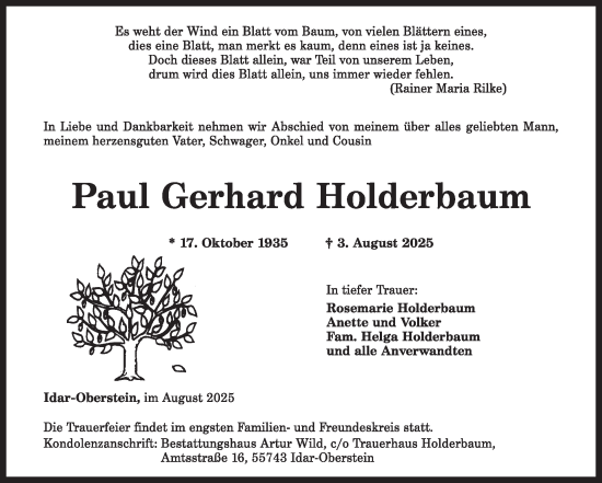 Traueranzeige von Paul Gerhard Holderbaum von WochenSpiegel