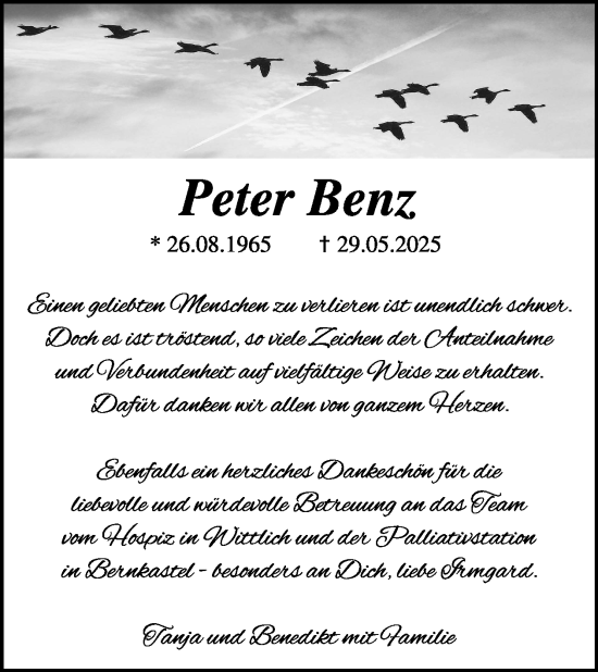 Traueranzeige von Peter Benz von WochenSpiegel