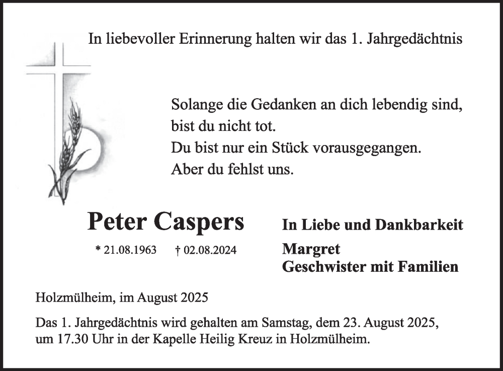  Traueranzeige für Peter Caspers vom 13.08.2025 aus WochenSpiegel