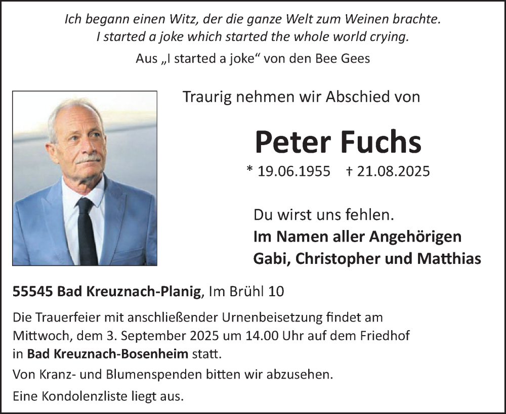  Traueranzeige für Peter Fuchs vom 30.08.2025 aus WochenSpiegel