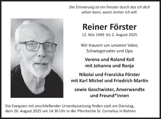 Traueranzeige von Reiner Förster von WochenSpiegel