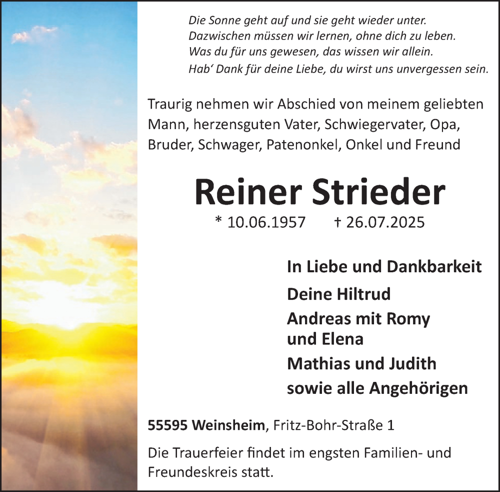  Traueranzeige für Reiner Strieder vom 02.08.2025 aus WochenSpiegel