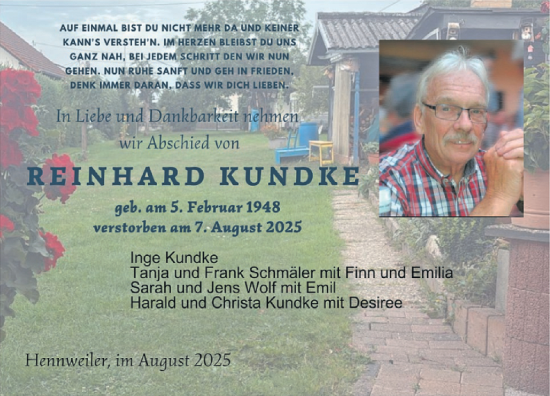 Traueranzeige von Reinhard Kundke von WochenSpiegel